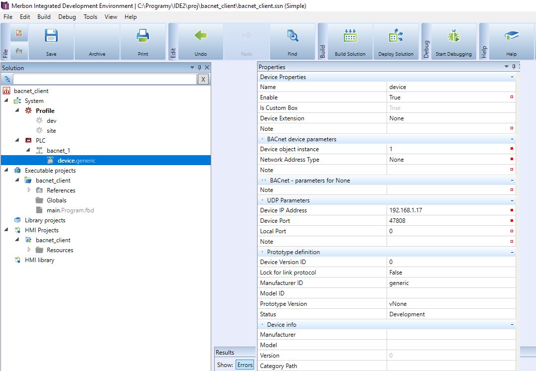 Fig. Establishment of BACnet device in Merbon IDE