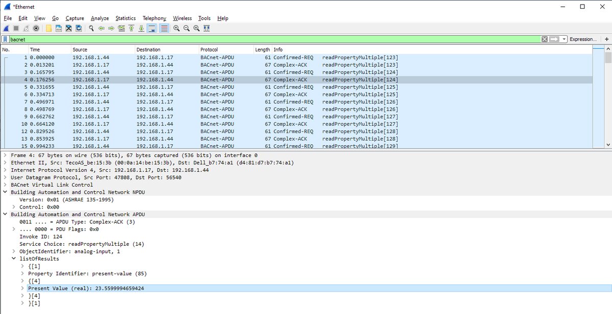 Fig. Reading the analog value of BACnet in Wireshark